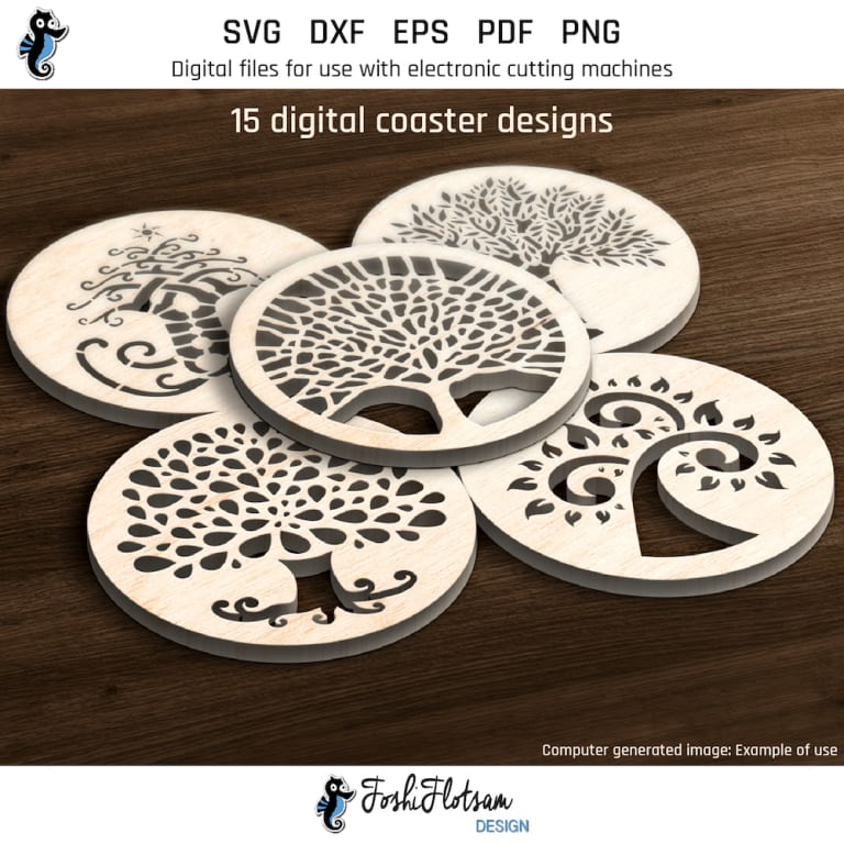 First 5 of 15 tree coaster SVGs included in this coaster SVG bundle.